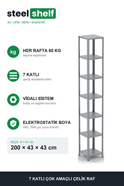 steelshelf 7 Katlı Galvaniz Çelik Raf - Depo Arşiv Kiler Ofis Market Rafı 43x...