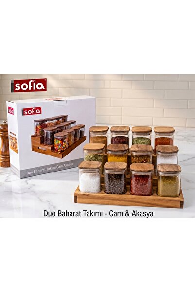 KAPLANBABA 12-Piece Glass Spice Set - Spice Set with Natural Acacia Wood Stand