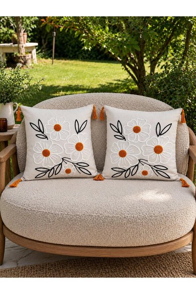 Maison Diane Home Modern Papatya Desenli Dekoratif Punch 2'Li Kırlent Kılıfı(...