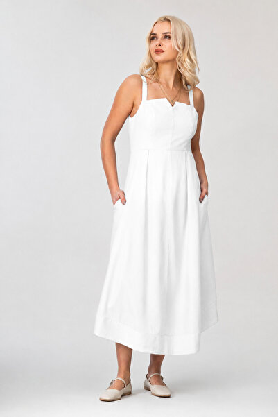 Bold & Young Women's White Lined Dress with Straps and Hidden Zipper Pocket, ...