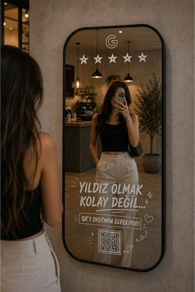 Store QR Kod Baskılı Google Yorum Aynası - Kişiye Özel Krom Reklam Aynası