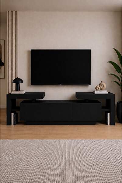 webotto 8 BulForte Siyah Tv Ünitesi 190cm Modern 3 Kapaklı Çok Raflı Uçan Tv ...