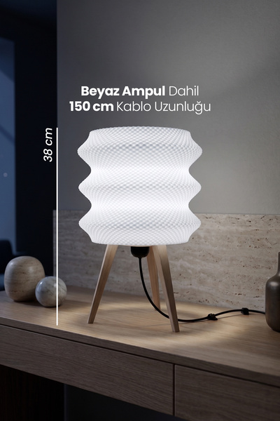 Tripod Ayaklı Dekoratif Masa Lambası Beyaz Boğumlu Abajur