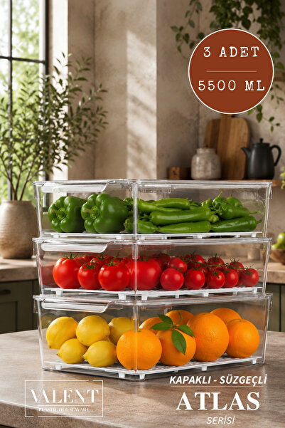 VALENT Atlas 3'lü 5500ML Süzgeçli Kapaklı Saklama Kabı Buzdolabı Düzenleyici ...