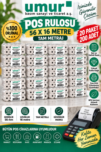Umur 56x16 Termal Yazarkasa POS Rulosu POS Kağıdı 16 Metre Tam Metraj
