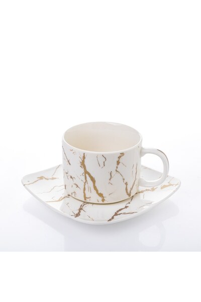 odjas Set 6 Cesti Cafea Portelan 150 ml, marble auriu, 8x5.7cm, cu Farfurioar...
