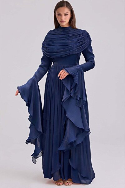 Olcay Removable Shawl Detailed Sleeves with Ruffles Yoryo Silk Hijab Evening ...