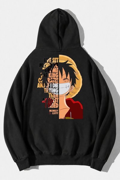 cc collection Unisex Luffy Anime Sırt Baskılı Siyah Kapüşonlu Sweatshirt