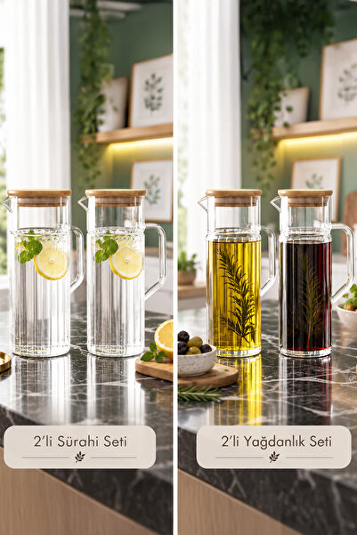 iselahome Lunanne Bambu Vakum Kapaklı Cam Sürahi&Yağdanlık 1000 ml 2'li Set