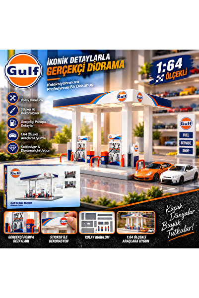 Cici Oyuncak Gulf Benzin İstasyonu Diorama Oyun ve Sergileme Seti 1:64 Ölçek ...