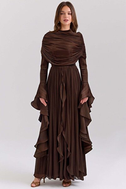 Olcay Removable Shawl Detailed Sleeves with Ruffles Yoryo Silk Hijab Evening ...
