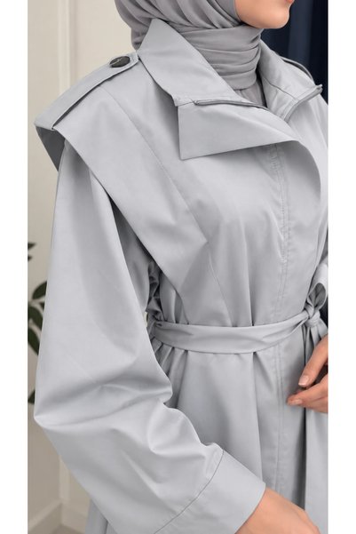 Nevayla Moda معطف ترنش موسمي بحزام وسحاب - رمادي / M0116