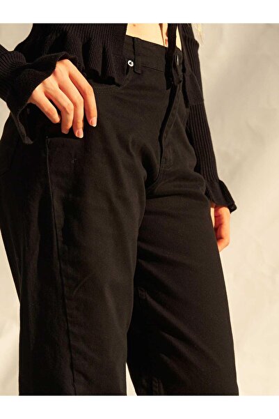 Moda Days Women's Black Gabardine Trousers Straight Leg High Waist with Pocke...