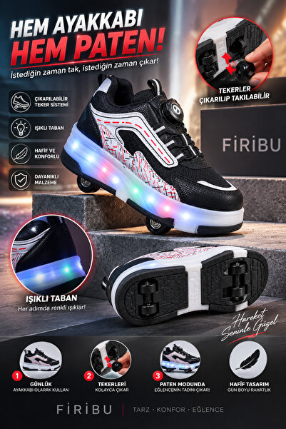 Firibu Unisex Çocuk Spor Ayakkabı Akıllı Bağcıklı Çıkarılabilen Patenli Işıkl...