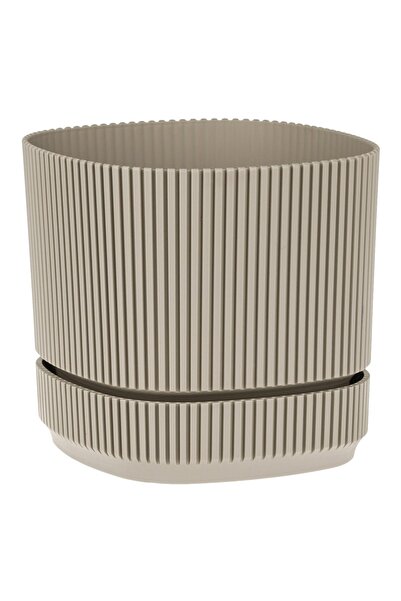 OEM Beige Square Plastic Plant Pot with Stripes & Built-in Saucer 17x17x15cm ...