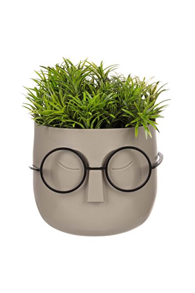 OEM Ghiveci Decorativ Fata Bej cu Ochelari Negri & Planta 11x11x14cm