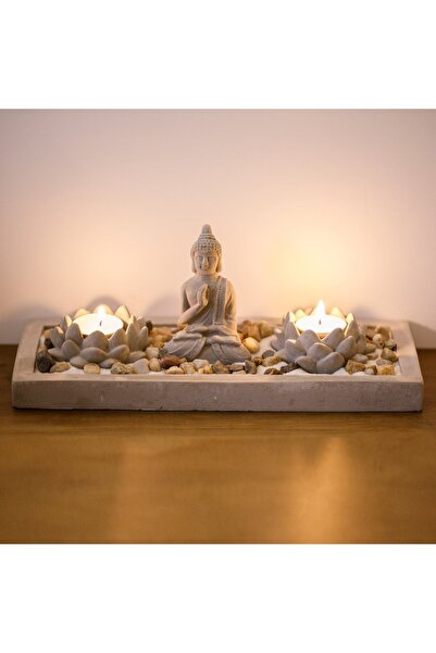 OEM Set Decorativ cu Baza din Ciment Figurina Buddha & Lumanare Pastila 30x12cm