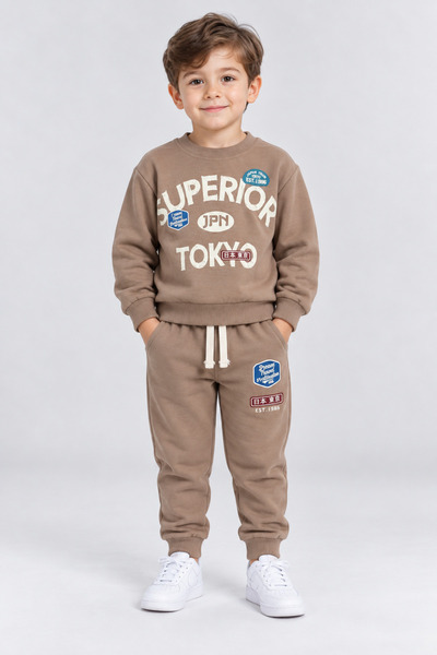AHENGİM Boy's Superior Tokyo Printed 2-Piece Tracksuit Set Casual Cotton Bott...
