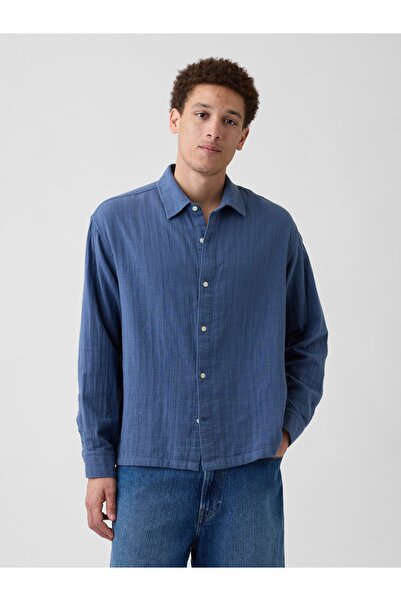 GAP Erkek Mavi Boxy Fit Gauze Gömlek