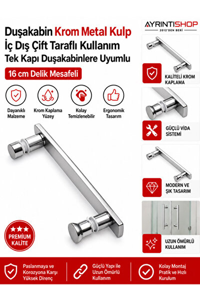 AYRINTISHOP Duşakabin Cam Kapı Kulpu 16 cm Delik Aralıklı Krom Parlak Metal T...