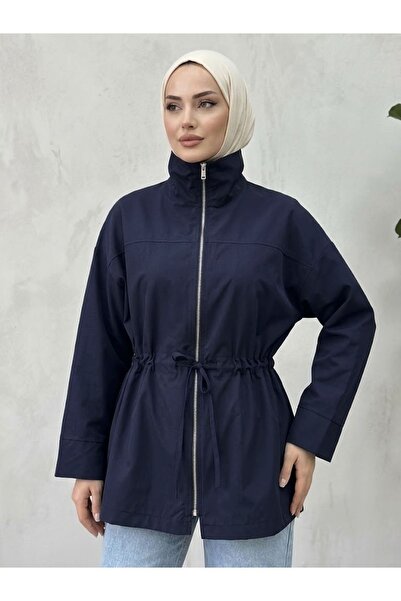 Lunsera Store معطف ترنش إسلامي بحزام عند الخصر وسحاب أمامي - أزرق داكن
