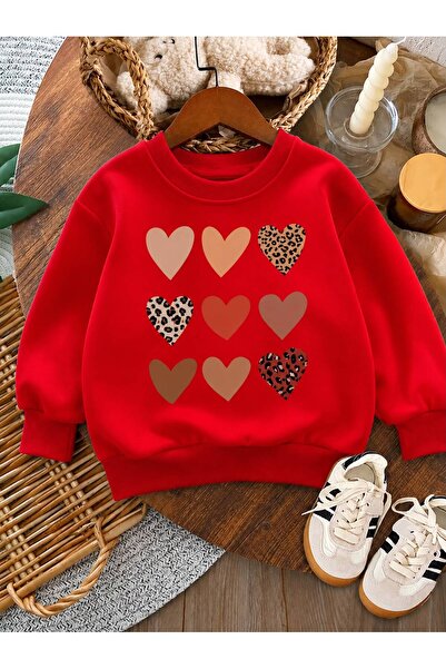 BENROMA 3 Yarn Combed Cotton Hearts Printed Unisex Children's Crewneck Sweat Qa5