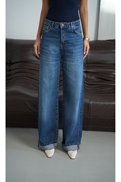 Moda Days Women's Dark Blue Dark Blue Baggy Jean Trousers Regular Waist Doubl...