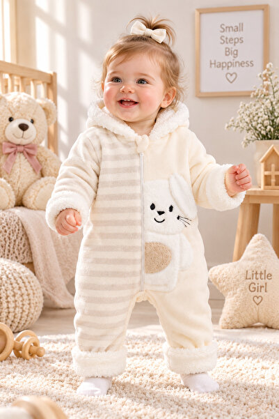 Nehad Bebe Baby Plush Hooded Rabbit Patterned Zippered Welsoft Winter Jumpsuit