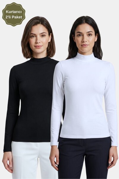 Saade Black-White Women's Half Turtleneck Long Sleeve Body/Blouse - Pack of 2