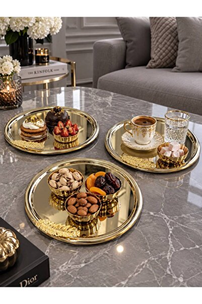 Aslı Hediyelik 6'lı Gold Tüy Detaylı Yuvarlak Sunum Çay, Kahve Pasta Sunumluk Dekoratif Servis Tepsisi