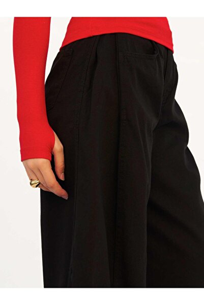 Moda Days Women's Black Wide Leg Gabardine Trousers High Waist Pocket Detaile...