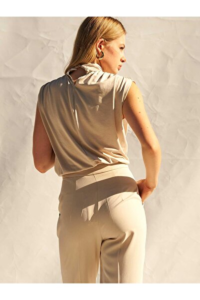 Clothes Fast Γυναικεία πλεκτή μπλούζα από πέτρα, αμάνικη, με ψηλό γιακά, με λ...