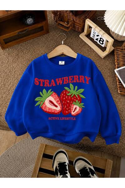 BENROMA 3 Yarn Combed Cotton Strawberry Printed Unisex Children's Crewneck Sw...