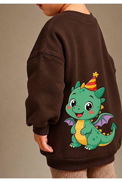 BENROMA 3 Yarn Combed Cotton Dinosaur Printed Unisex Children's Crewneck Swea...