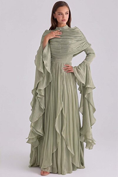 Olcay Removable Shawl Detailed Sleeves with Ruffles Yoryo Silk Hijab Evening ...