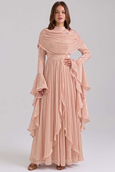 Olcay Removable Shawl Detailed Sleeves with Ruffles Yoryo Silk Hijab Evening ...