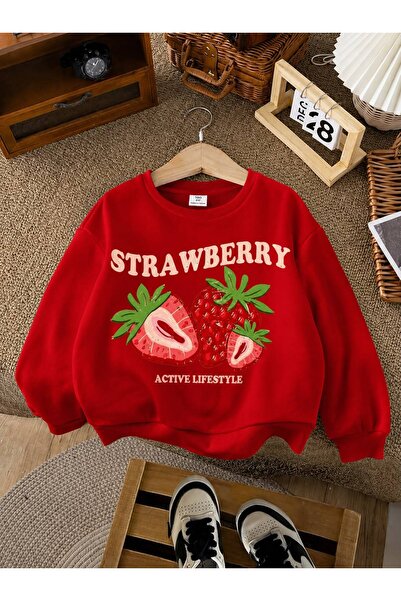 BENROMA 3 Yarn Combed Cotton Strawberry Printed Unisex Children's Crewneck Sw...