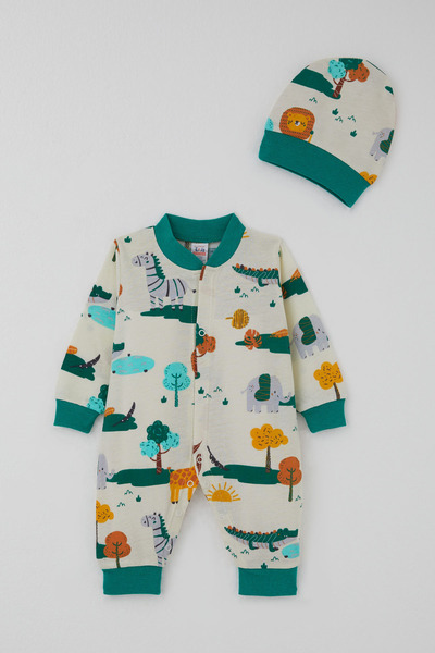 Breeze Baby Boy Jumpsuit Safari Themed Cute Animals Patterned 0-9 Months, Yellow