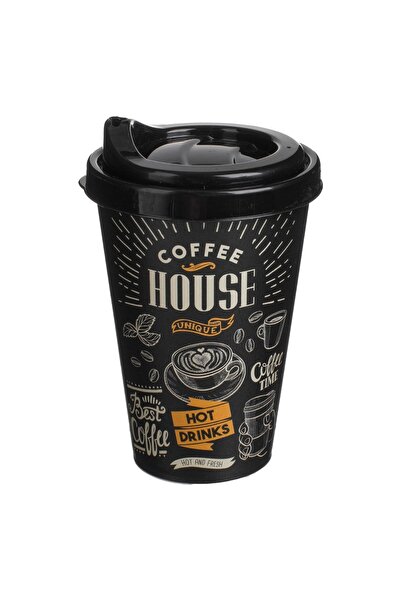 OEM "Coffee House" Μαύρο Πλαστικό Ποτήρι με Καπάκι & Στόμιο Καφέ 400ml