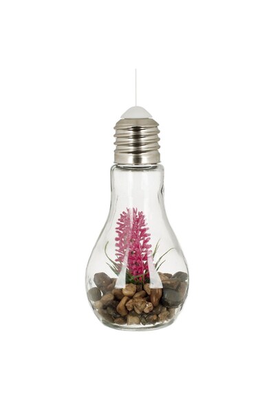 OEM Bec Decorativ din Sticla Transparent cu LED Pietre Fucsia Flori Ø11x19cm