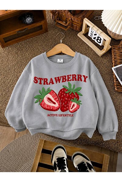 BENROMA 3 Yarn Combed Cotton Strawberry Printed Unisex Children's Crewneck Sw...