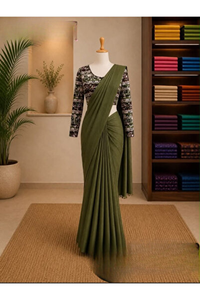 MYSMAR Green Draped Saree with Kalamkari Printed Blouse - EFS9646 | Green
