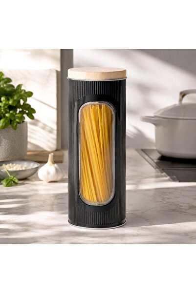 OEM Black Ribbed Cylindrical Metal Storage Box with Window Ø8.5x22.5cm