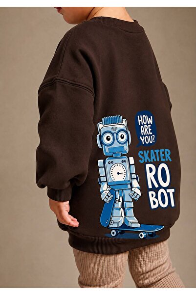 BENROMA 3 Yarn Combed Cotton Robot Printed Unisex Children's Crewneck Sweatsh...