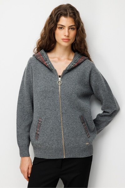 Desen Triko Women's Hooded Wool Cardigan with Patterned Pocket and Hood, Smoked