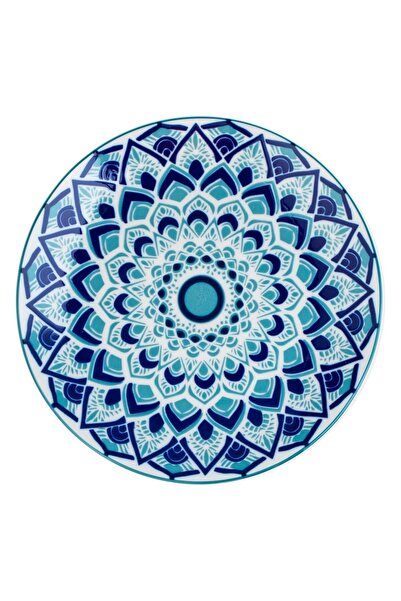 OEM White Porcelain Plate with Aztec Pattern Navy Blue Ø19cm