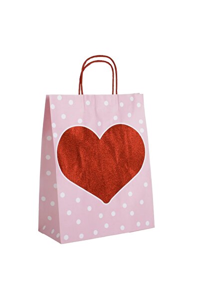 OEM Sacosa Cadou din Hartie Kraft Roz cu Inima Rosie & Glitter 26x12x33cm