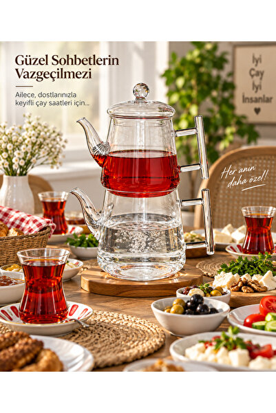 Le Paon Borosilikat Cam Çaydanlık 750 Ml Üst 1200 Ml Alt Demlik Metal Süzgeçl...