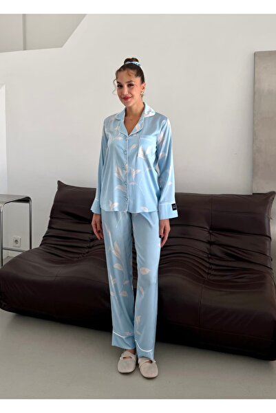 Brand Of Zaz Feuille Bleue Saten Uzun Kollu Pijama Takımı