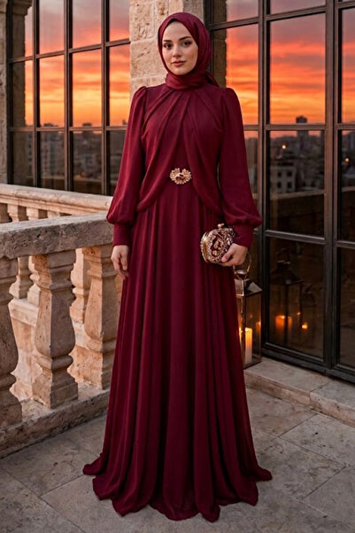 N.S NEVA STYLE Broş Detaylı Drapeli Bordo Tesettür Abiye Elbise 5747BR